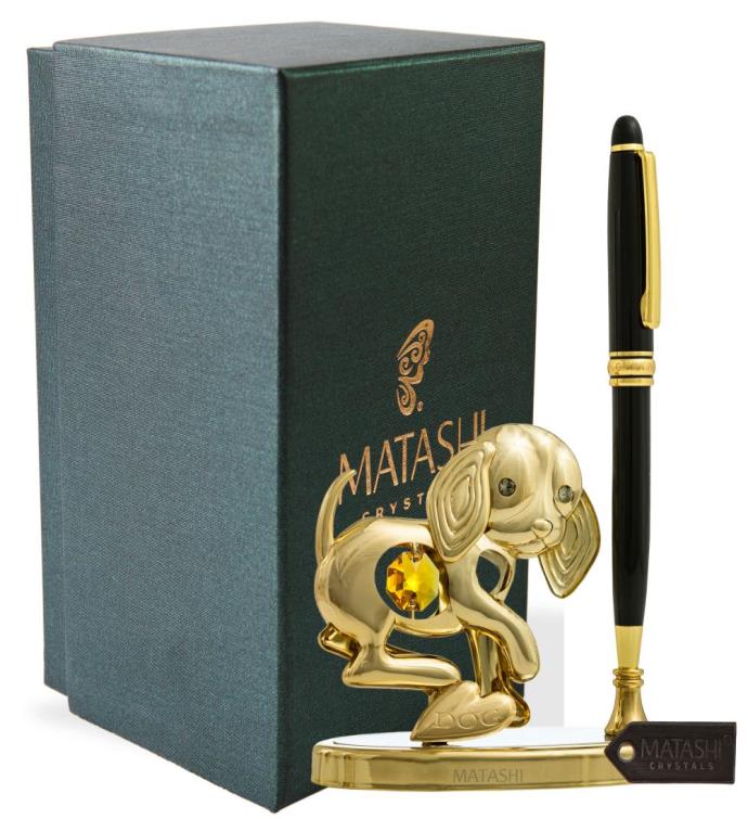 24k Gold Plated Puppy Pen Set  black Ballpoint  Table Top Ornament