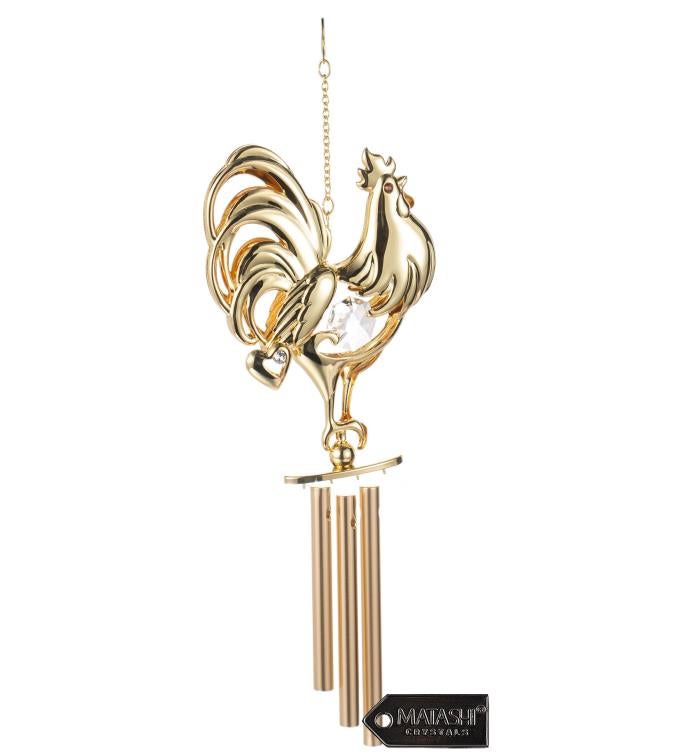 24k Gold Plated Crystal Studded Decorative Rooster Wind Chime By Matashi
