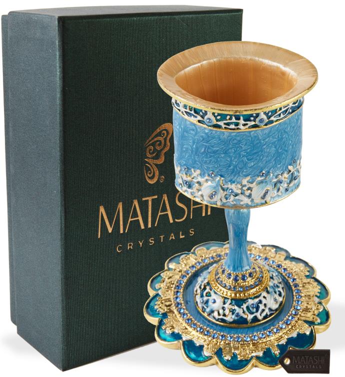 Matashi Hand painted Enamel Kiddush Cup Set With Stem And Tray