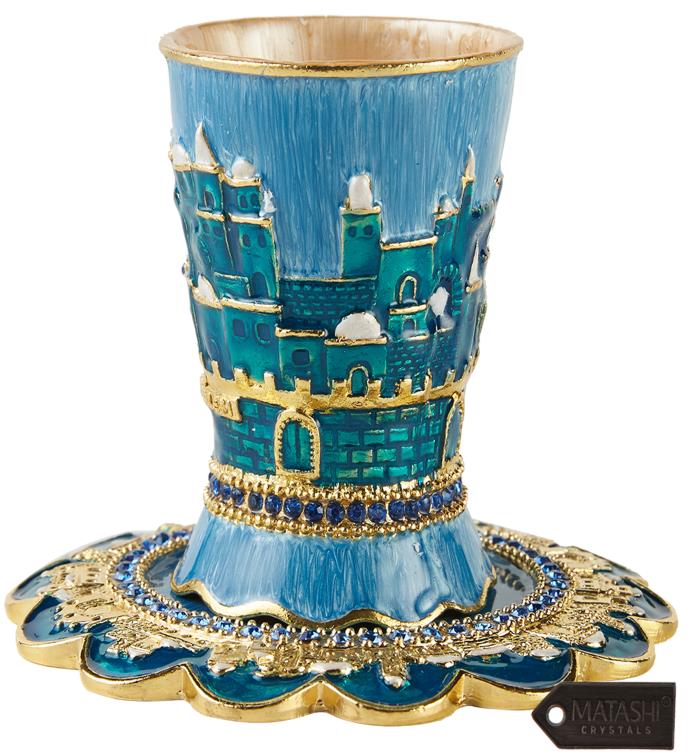 Matashi Hand painted Enamel Kiddush Cup Set & Tray W Crystals Blessings Cup