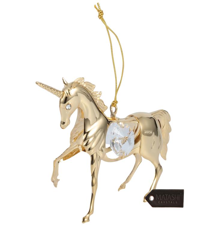 24k Gold Plated Crystal Studded Unicorn Ornament By Matashi