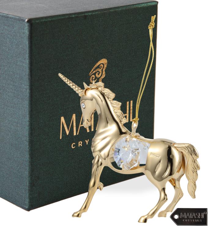 24k Gold Plated Crystal Studded Unicorn Ornament By Matashi