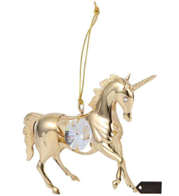 24k Gold Plated Crystal Studded Unicorn Ornament By Matashi