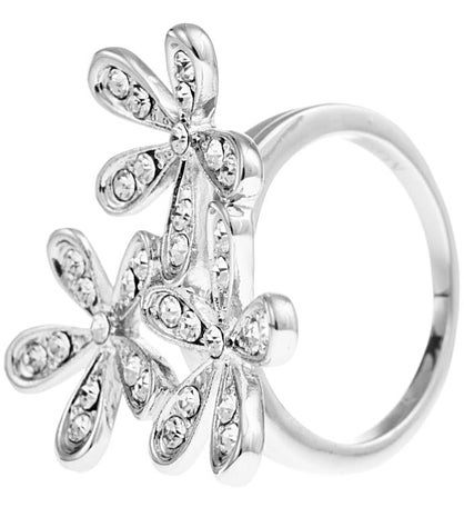 Rhodium Plated Ring /w Flower Bouquet Design & Crystals By Matashi