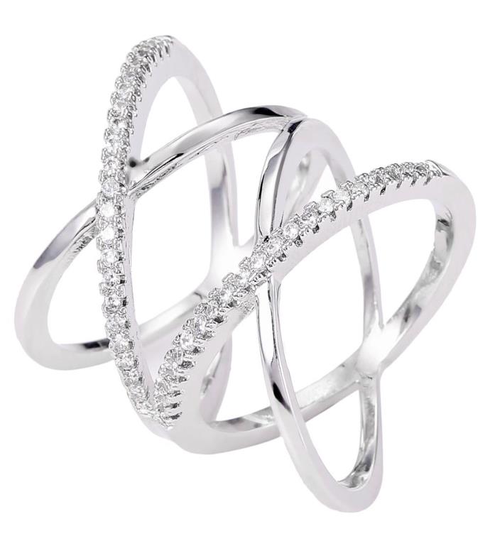 Matashi Rhodium Plated Crisscross Design Luxury Ring /w Cz Stones