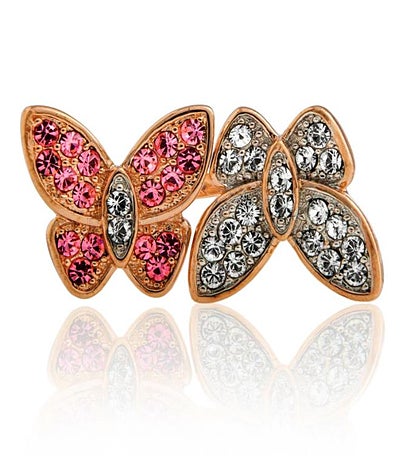 Rose Gold Plated Butterfly Ring W/ Clear, Pink Crystal Stones