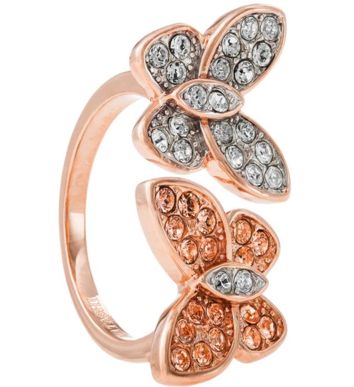 Rose Gold Plated Butterfly Ring W/ Clear, Rose Gold Crystal Stones