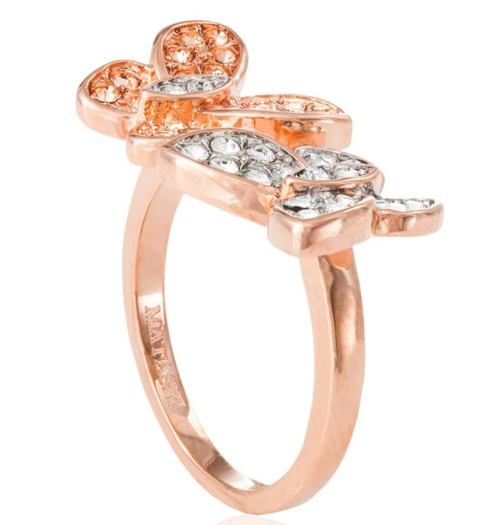 Rose Gold Plated Butterfly Ring W/ Clear, Rose Gold Crystal Stones