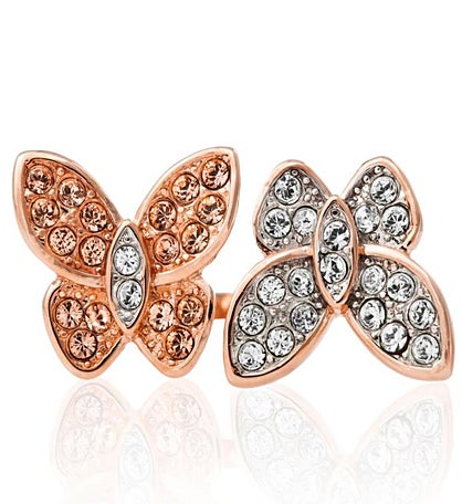 Rose Gold Plated Butterfly Ring W/ Clear, Rose Gold Crystal Stones