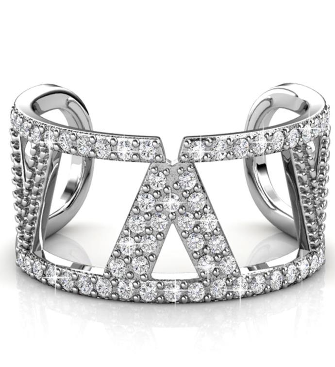 Matashi 18k White Gold Plated Women’s Open Back V Ring W Crystals
