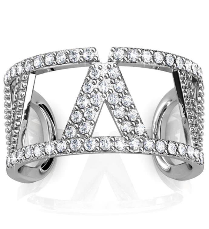 Matashi 18k White Gold Plated Women’s Open Back V Ring W Crystals