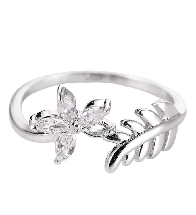 Matashi Rhodium Plated Flower Zircon Open Statement Ring For Women