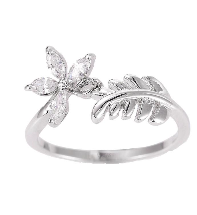 Matashi Rhodium Plated Flower Zircon Open Statement Ring For Women