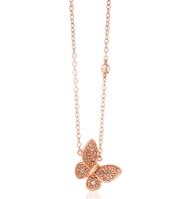 Matashi Rose Gold Plated Butterfly Pendant Necklace W/ Rose Gold Crystals