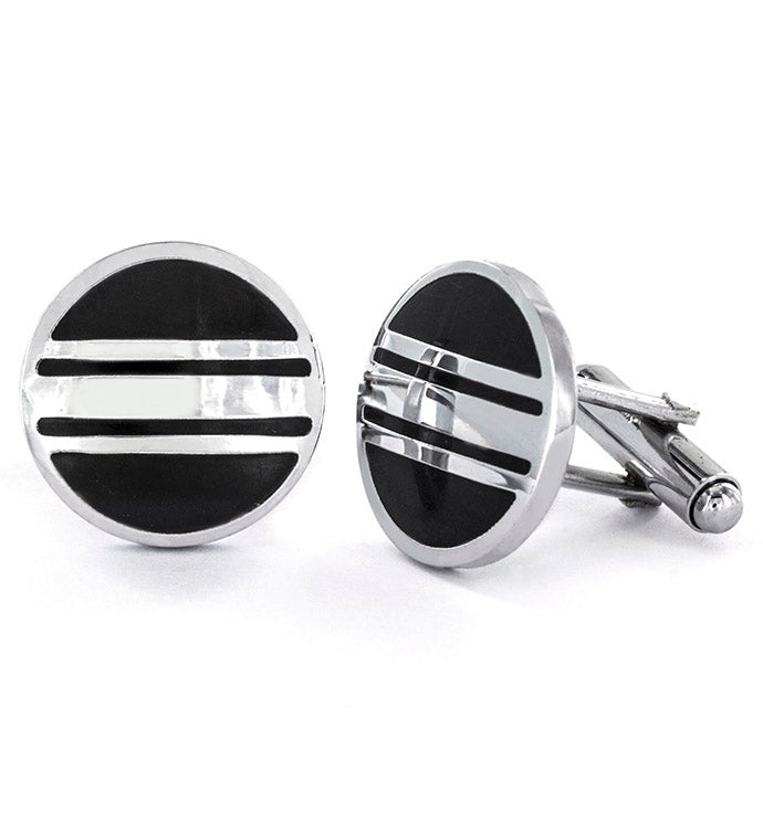 Men's Striped Black And Polished Round Cuff Links