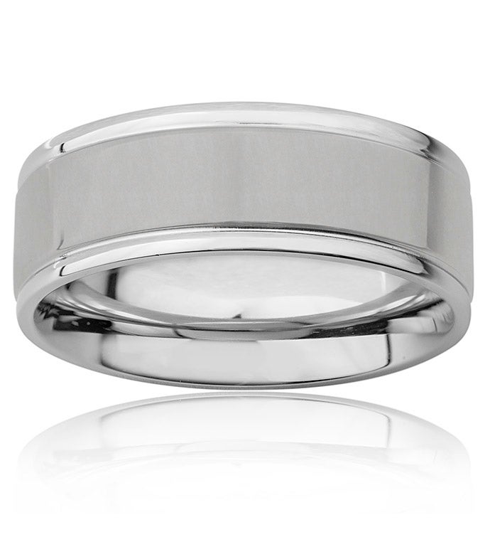 Men's Brushed Stainless Steel And Polished Grooved Ring  8mm