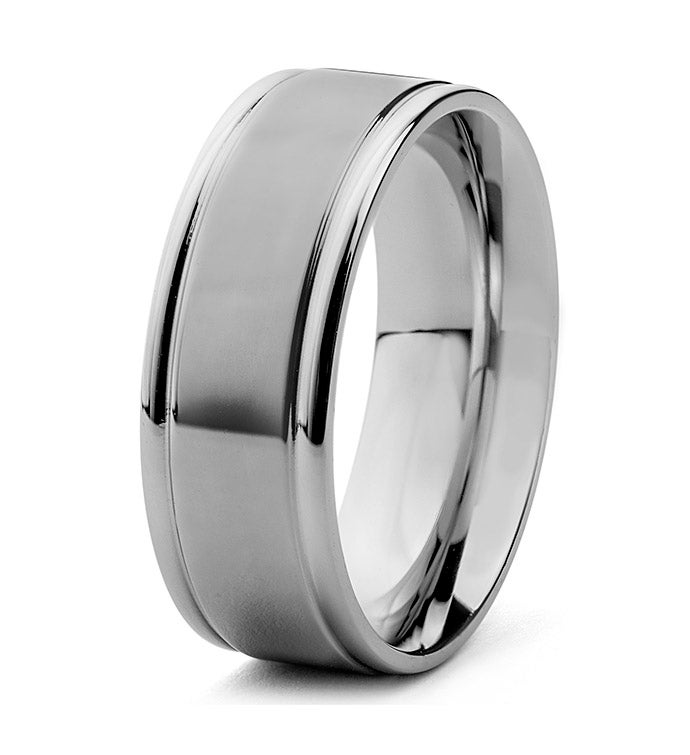 Men's Brushed Stainless Steel And Polished Grooved Ring  8mm