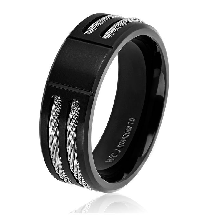 Men's Cable Inlay Black Plated Titanium Ring  8mm