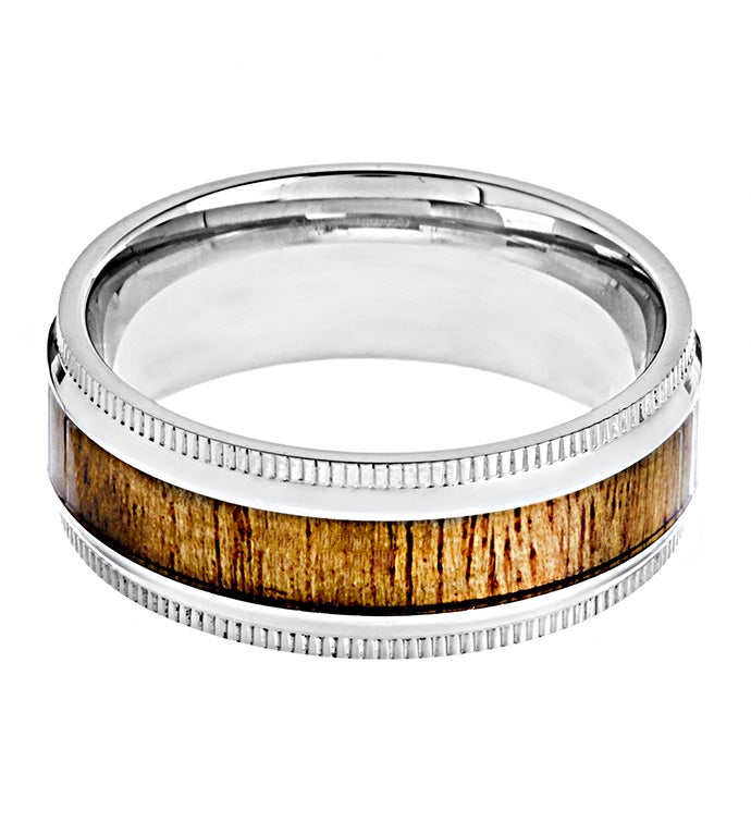 Men's Polished Stainless Steel Wood Inlay Ridged Edge Ring