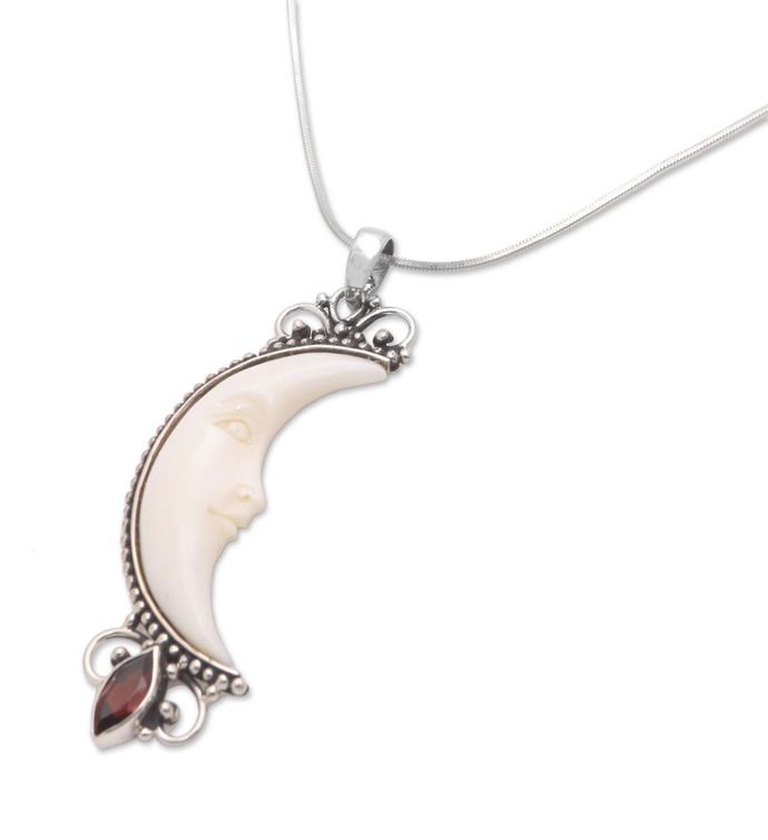 Novica Natural Moonlight Garnet And Bone Pendant Necklace