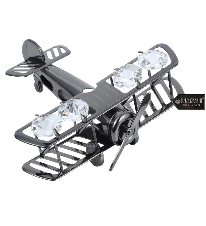 Gunmetal Grey Crystal Studded Bi Plane Ornament By Matashi