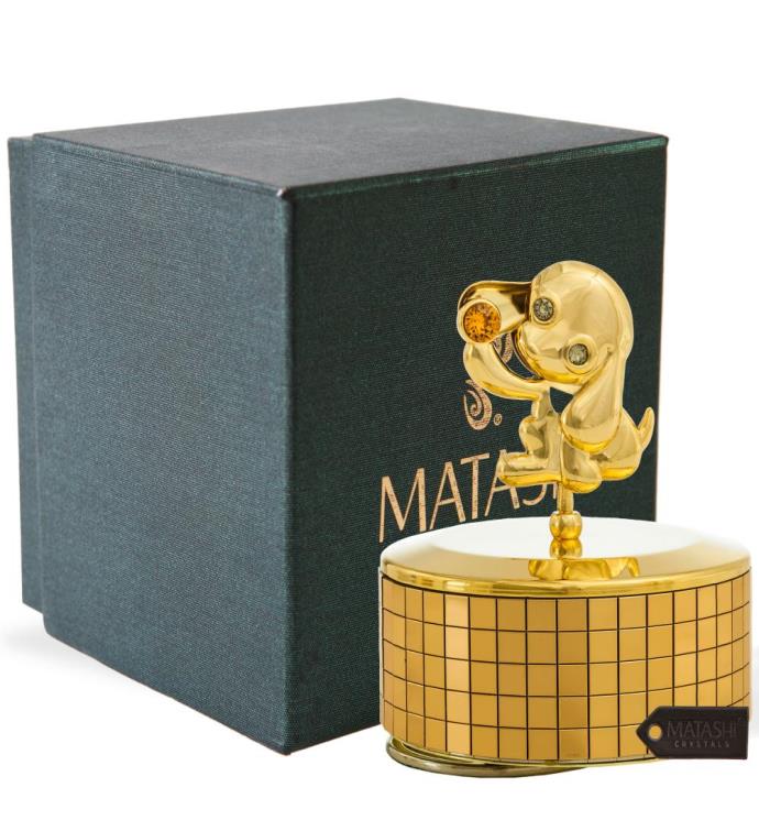 Matashi Plated Puppy Music Box Plays "Love Story"