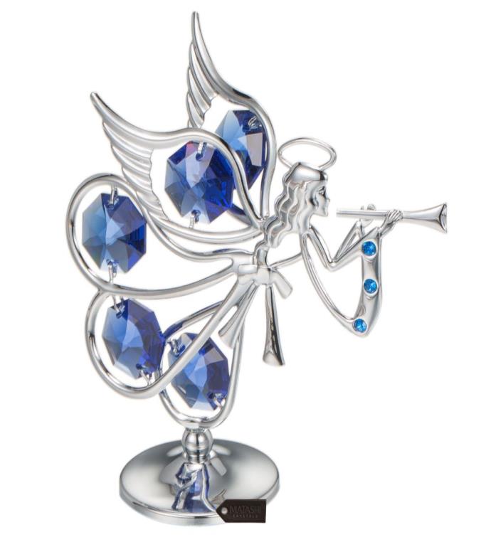 Matashi Chrome Plated Crystal Studded Silver Flying Angel Figurine Ornament