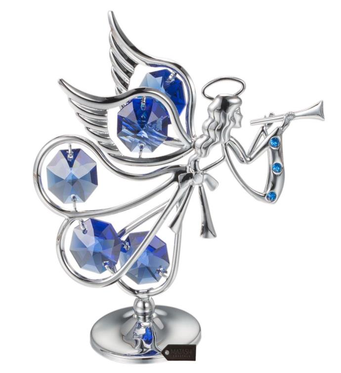 Matashi Chrome Plated Crystal Studded Silver Flying Angel Figurine Ornament