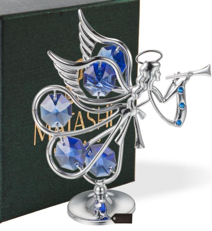 Matashi Chrome Plated Crystal Studded Silver Flying Angel Figurine Ornament