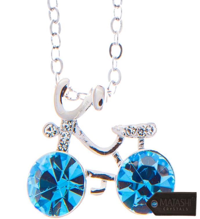 Matashi Rhodium Plated Necklace W Bicycle Design W 16" Chain & Crystals