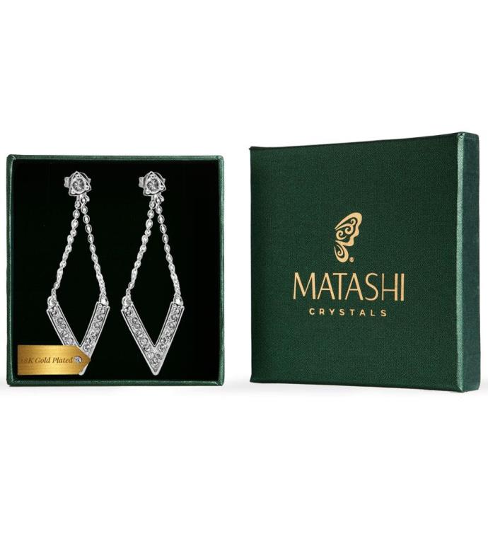 Matashi 18k White Gold Plated Delta V Design Earrings W/ Clear Crystals