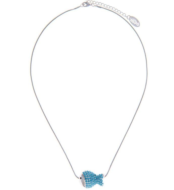 Rhodium Plated Necklace W/ Fish W/ 16" Chain & Crystal By Matashi
