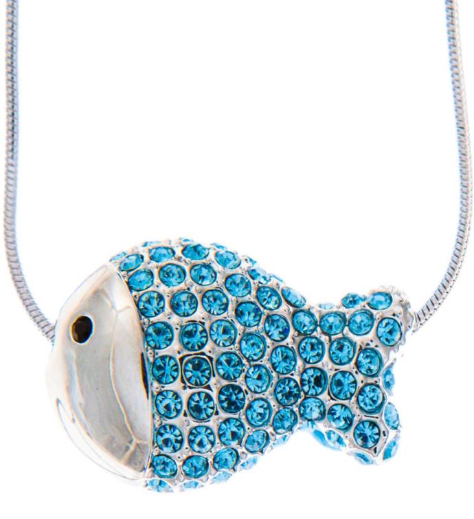 Rhodium Plated Necklace W/ Fish W/ 16" Chain & Crystal By Matashi