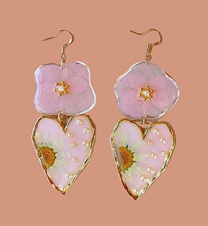 Pressed Pink Hydrangea And Daisy Heart Earrings