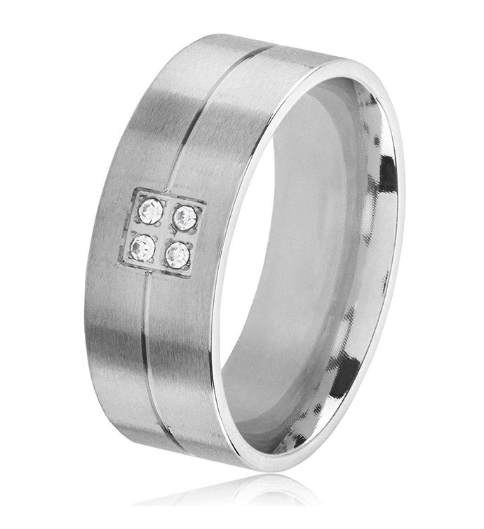 Men's Crystal Satin Finish Stainless Steel Grooved Ring