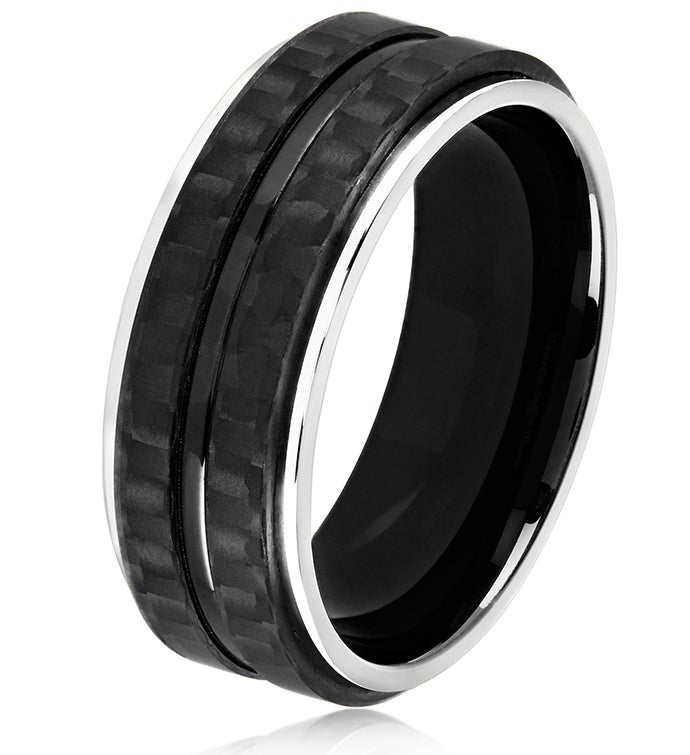 Two Tone Stainless Steel Carbon Fiber Stripes Ring
