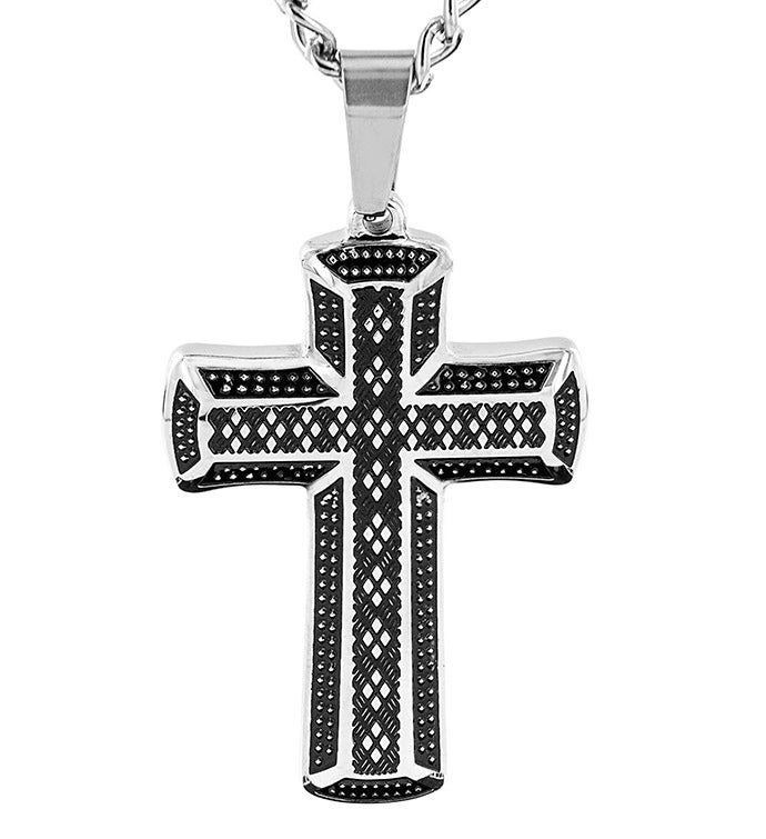 Antiqued And Textured Geometric Stainless Steel Cross Pendant