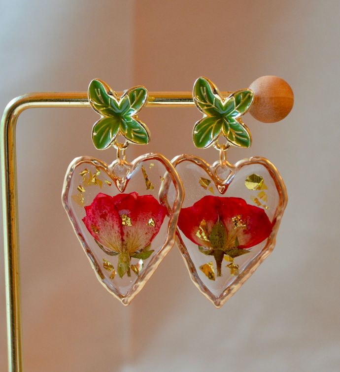 Pressed Rose Flower Heart Earrings