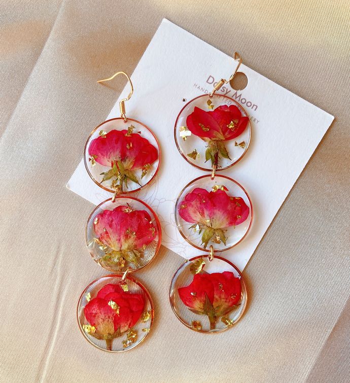 Pressed Rose Flower Dangle Earrings