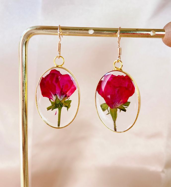 Pressed Rose Flower In Resin Earrings