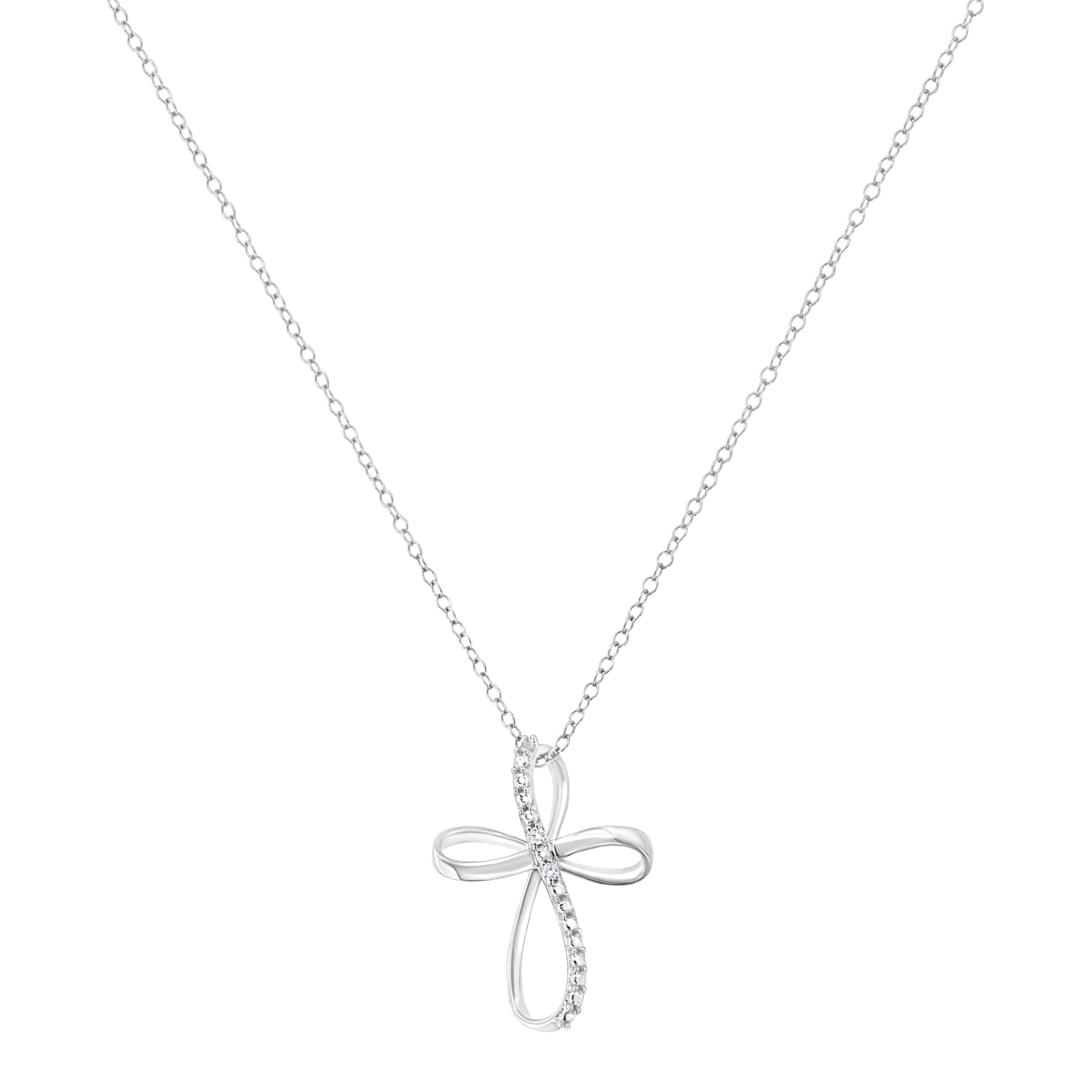 Silver Diamond Accent Cross Ribbon Pendant Necklace