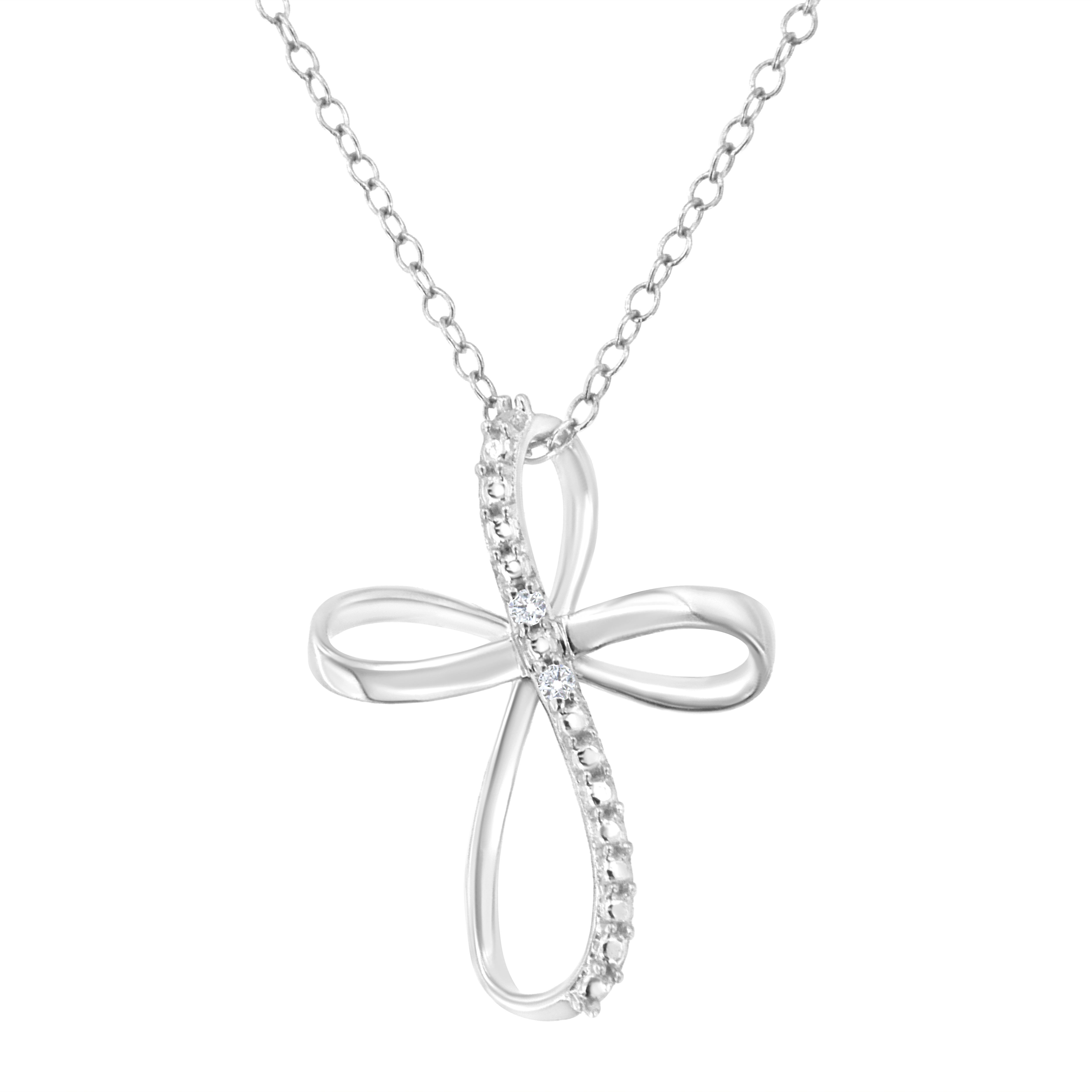 Silver Diamond Accent Cross Ribbon Pendant Necklace