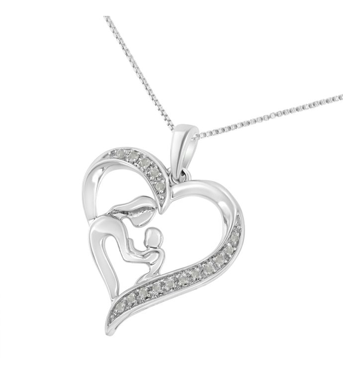 Silver Diamond Heart And Mother 18" Pendant Necklace