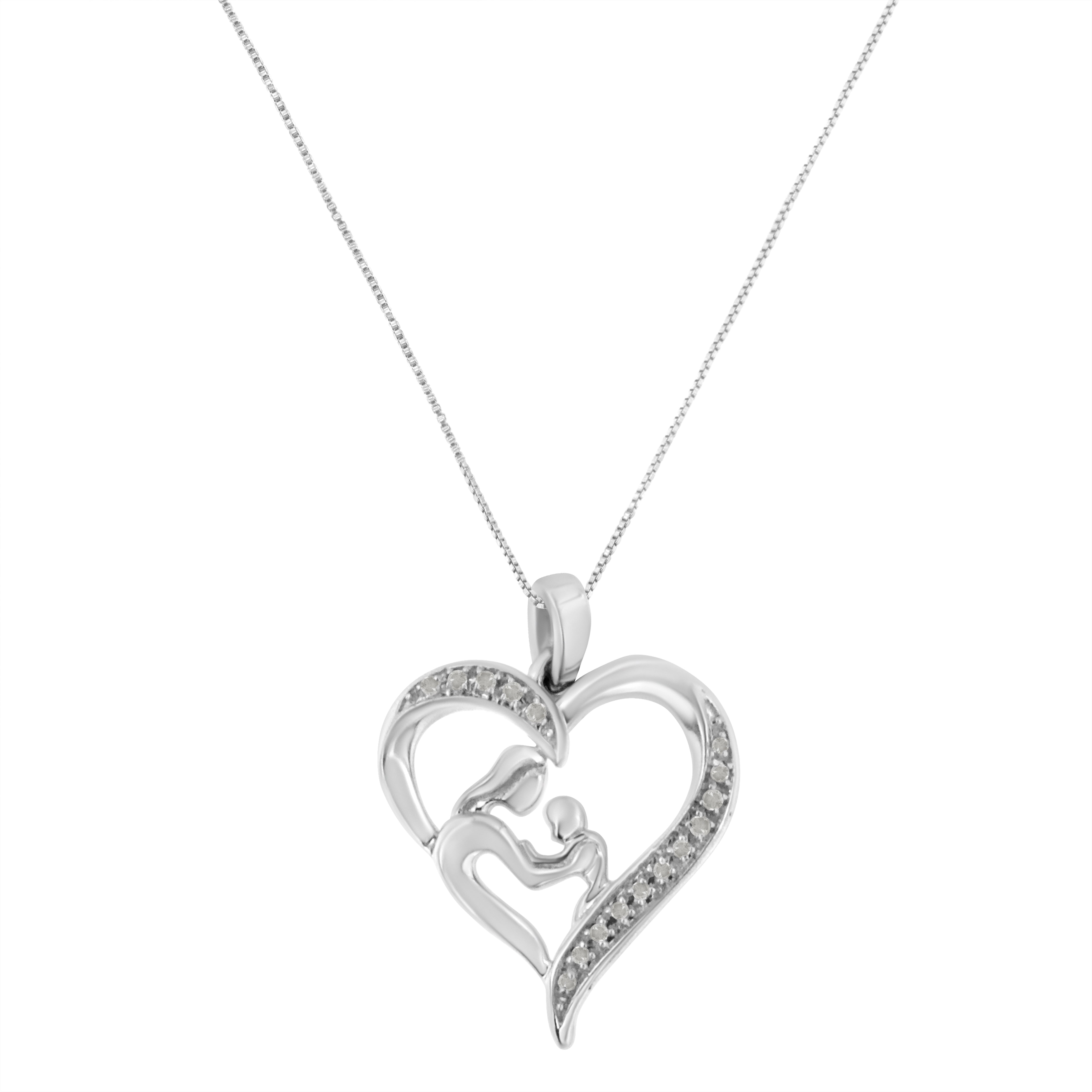 Silver Diamond Heart And Mother 18" Pendant Necklace