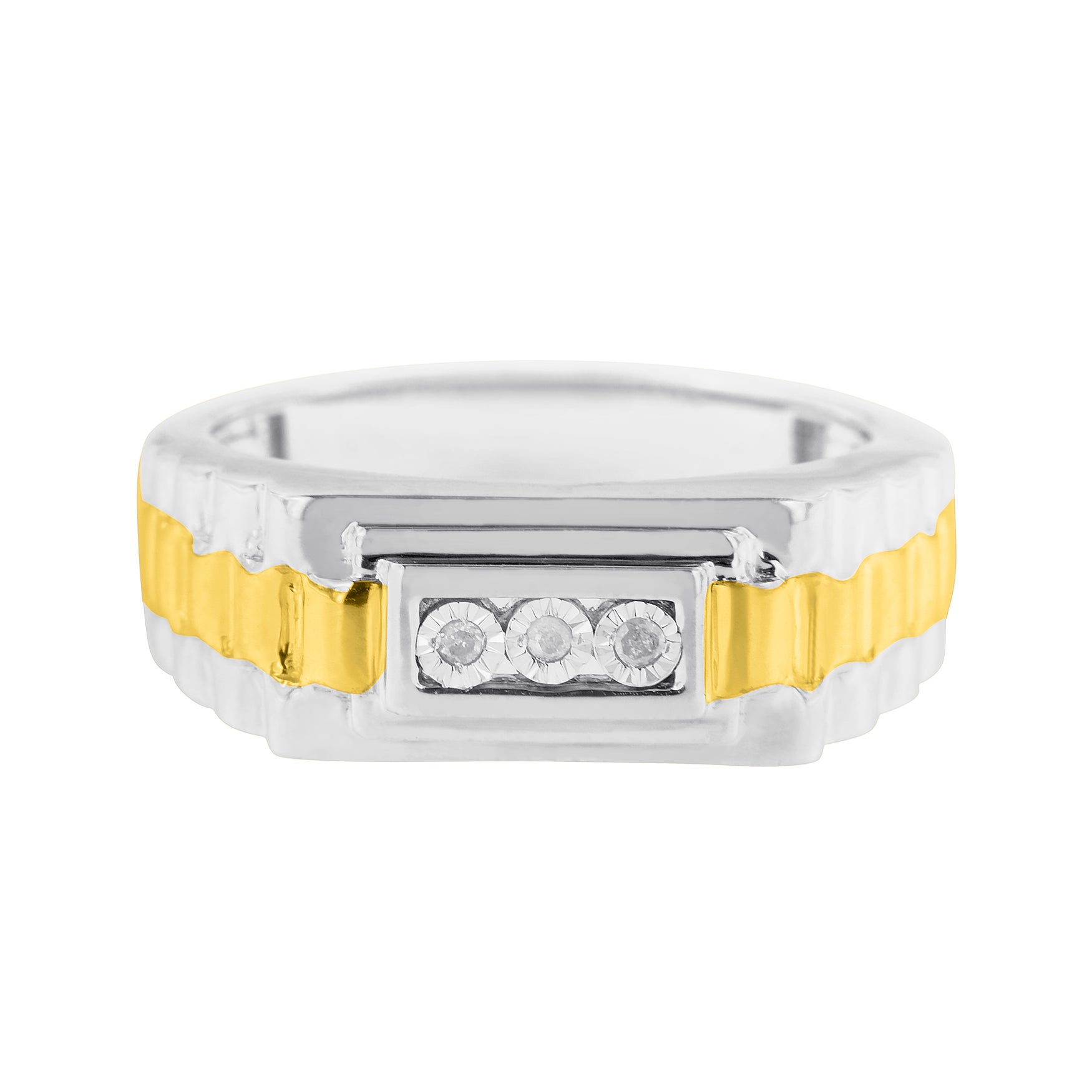 Yellow Gold Over Silver 3 Stone Diamond Men's Ring Band