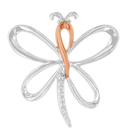 Two-toned Sterling Silver Diamond Dragonfly Pendant Necklace