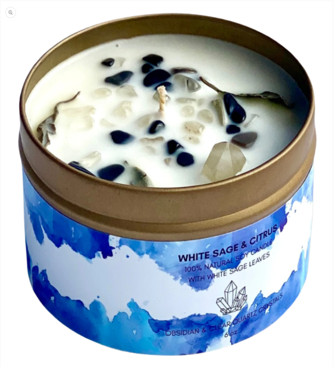 Crystal Infused Clear Quartz Soy Candle With White Sage Leaves