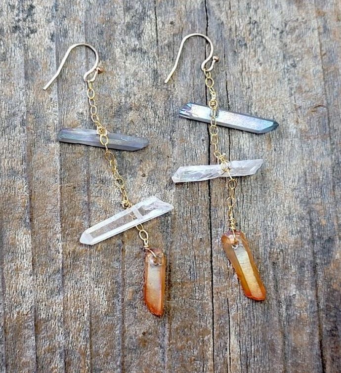 Gold Chain Earring W/ Mystic Grey Rainbow & Peach Qtz