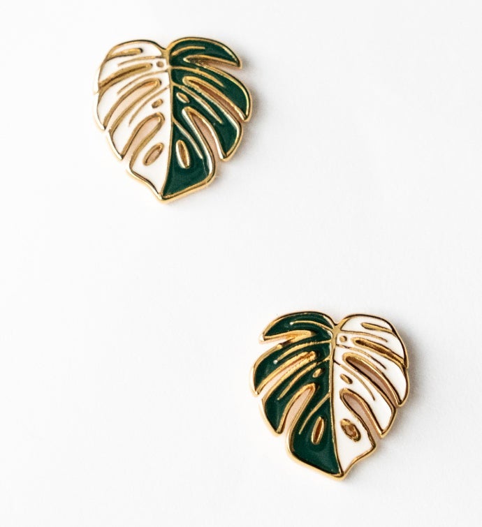 Variegated Monstera Albo Stud Earring 18k Gold