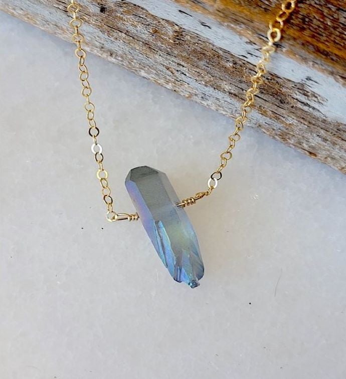 Single Mystic Grey Qtz Crystal Pendant Necklace